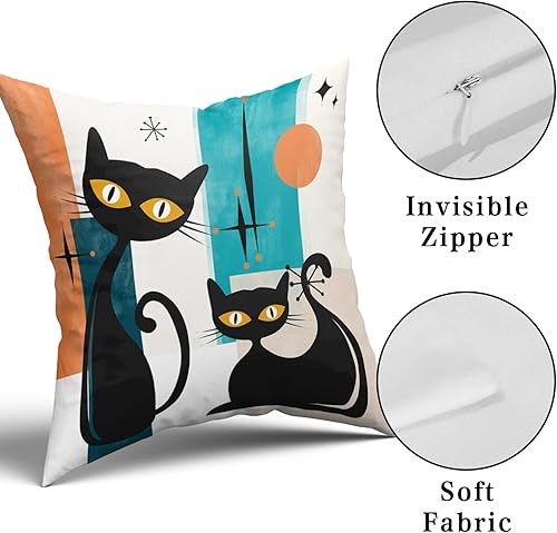 Miniatura 4 de Juego de 4 fundas de almohada de gato negro de mediados de siglo, fundas de almohada modernas de mediados de siglo, 18 x 18 pulgadas, decoración