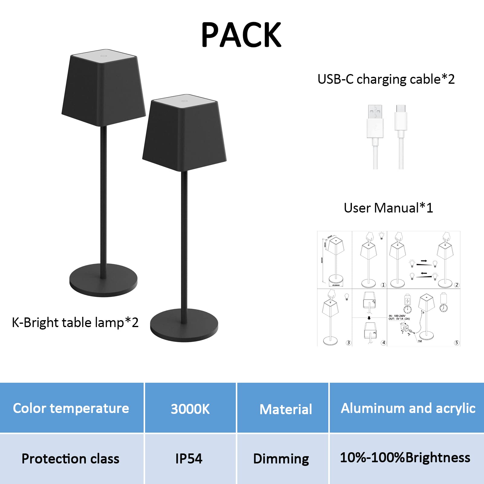 K-Bright 2 pezzi Lampada LED Dimmerabile da tavolo in alluminio, H38cm, Ricaricabile Colore luce calda Per interni/esterni Lampada da scrivania senza fili con 1m USB-C (Nero)