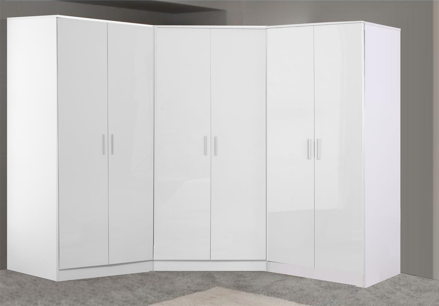 3 Piece Wardrobe Bundle | 2 Door Corner + 2x 2 Door Plain | White Gloss & Matt White Finish | H: 180cm x W: 179cm x D: 103cm | Modern Bedroom Furniture Storage Solution
