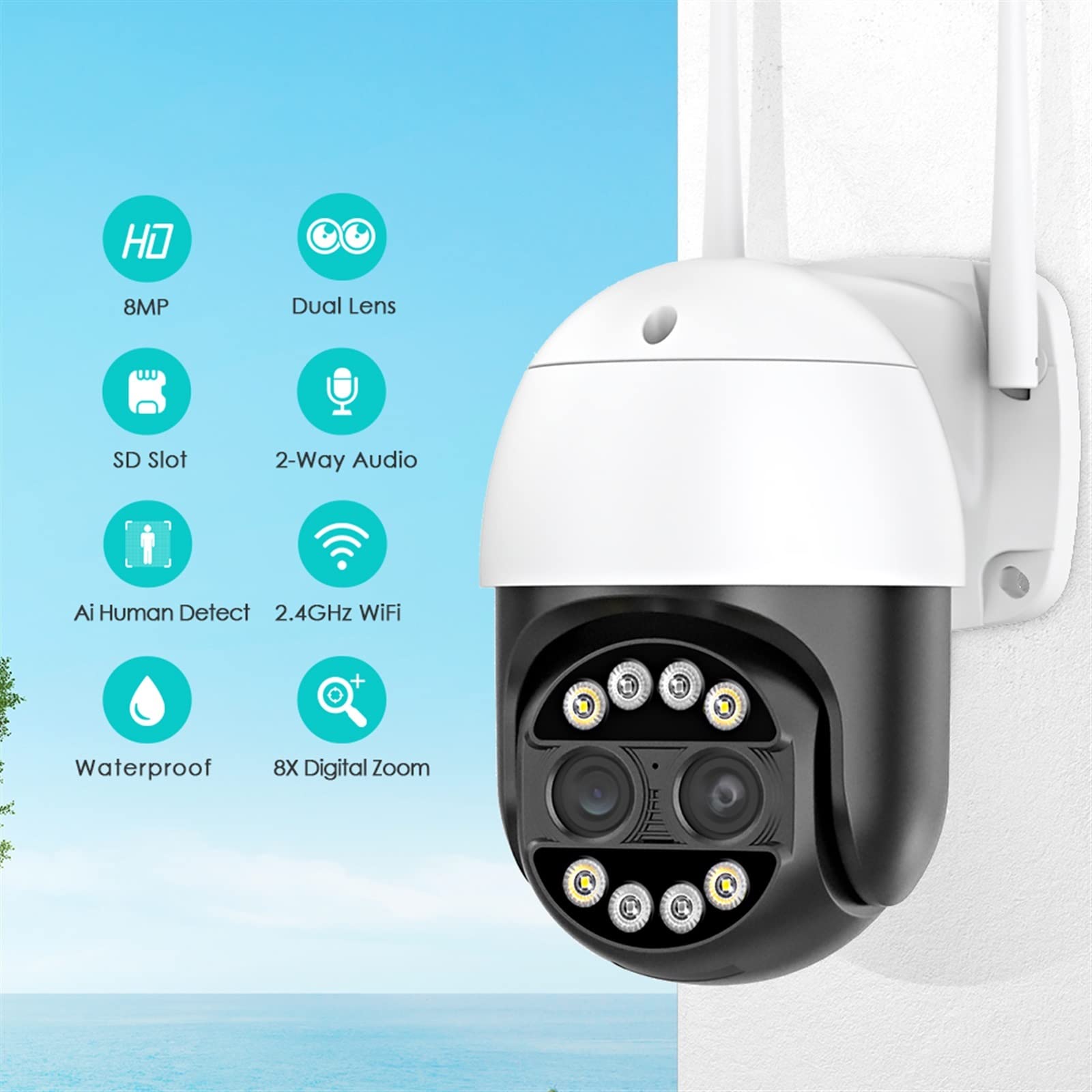 Telecamera WiFi Esterno, 4K 8MP 8X Hybrid Zoom PTZ IP Camera Outdoor Wide Dual Lens AI Human Detection 4MP Audio CCTV Videosorveglianza Cam,Sicurezza, Antifurto(4MP with 32G Card)