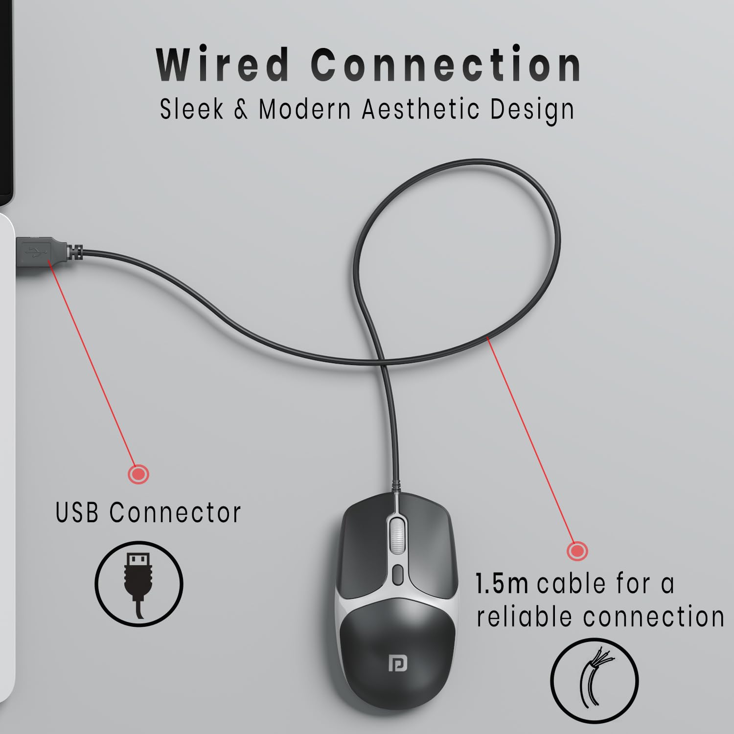 Portronics Toad 103 Wired Optical Mouse with 2400 DPI, Plug & Play, Ambidextrous, Hi-Optical Tracking, 1.5M Cable Length, 30 Lakhs Click Life, Ergonomic Mouse for Comfortable All-Day Grip (Black) — Amazon image 2