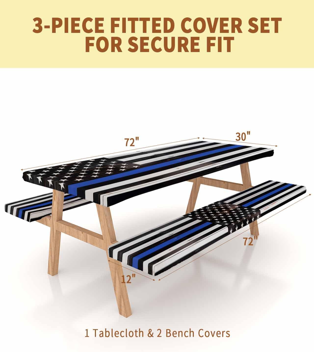 Picnic Table Cover with Bench Covers Elastic Flag Tablecloth for 6 FT Table Waterproof Thin Blue Line Vintage American Flag on Rustic Old Barn Wood Table Cover 72 Inch 3 Pcs Camping Essentials