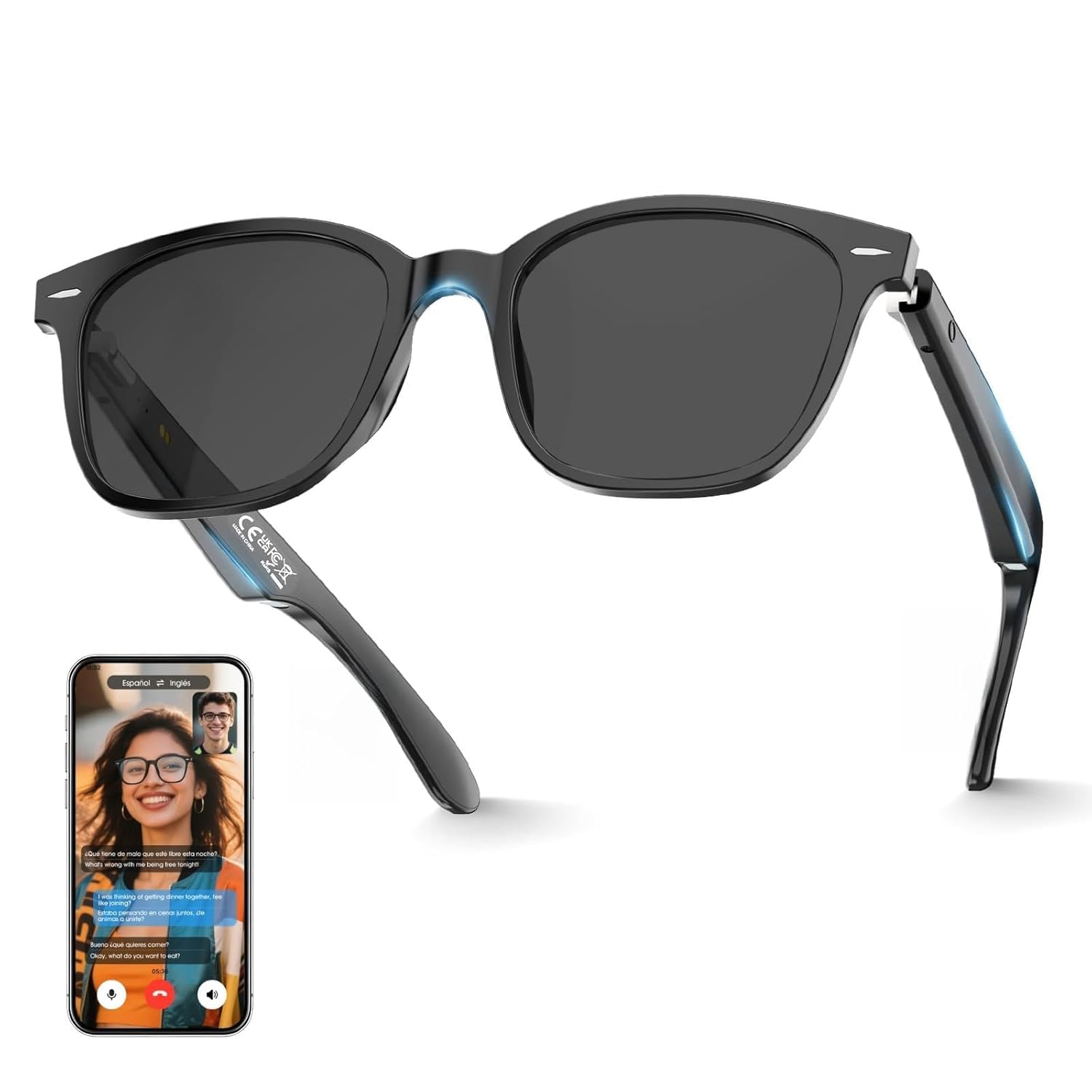 Unisex AI Translation Glasses 140 Languages Smart Bluetooth Glasses Built-in Mic Speaker Hall Switch Auto-Connect 100 UV400 Protection