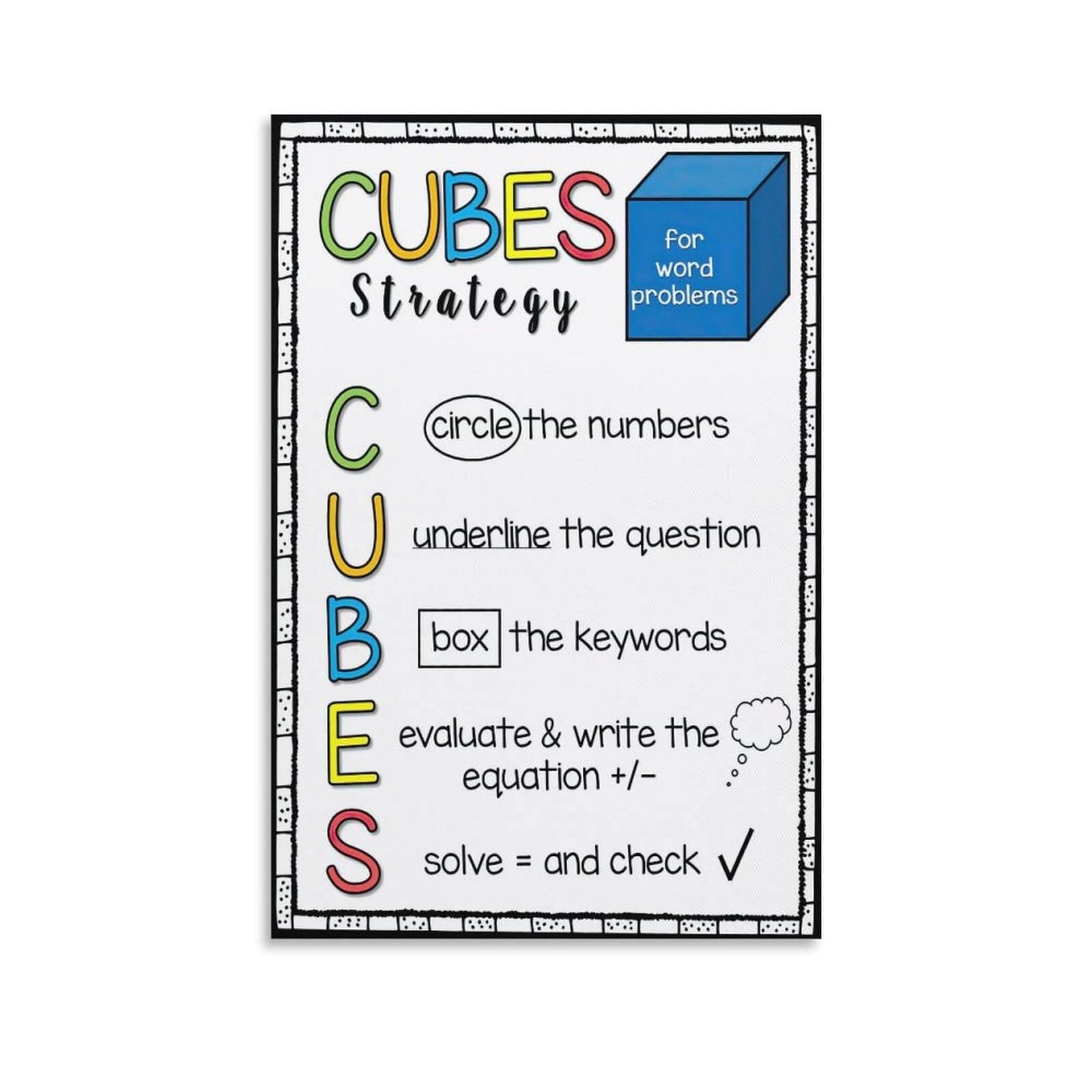 MDBJTCYZN CUBES Math Strategy Poster for Word Problems Educational Anchor Chart Wall-Art for Classroom Homeschool Bedroom Decor