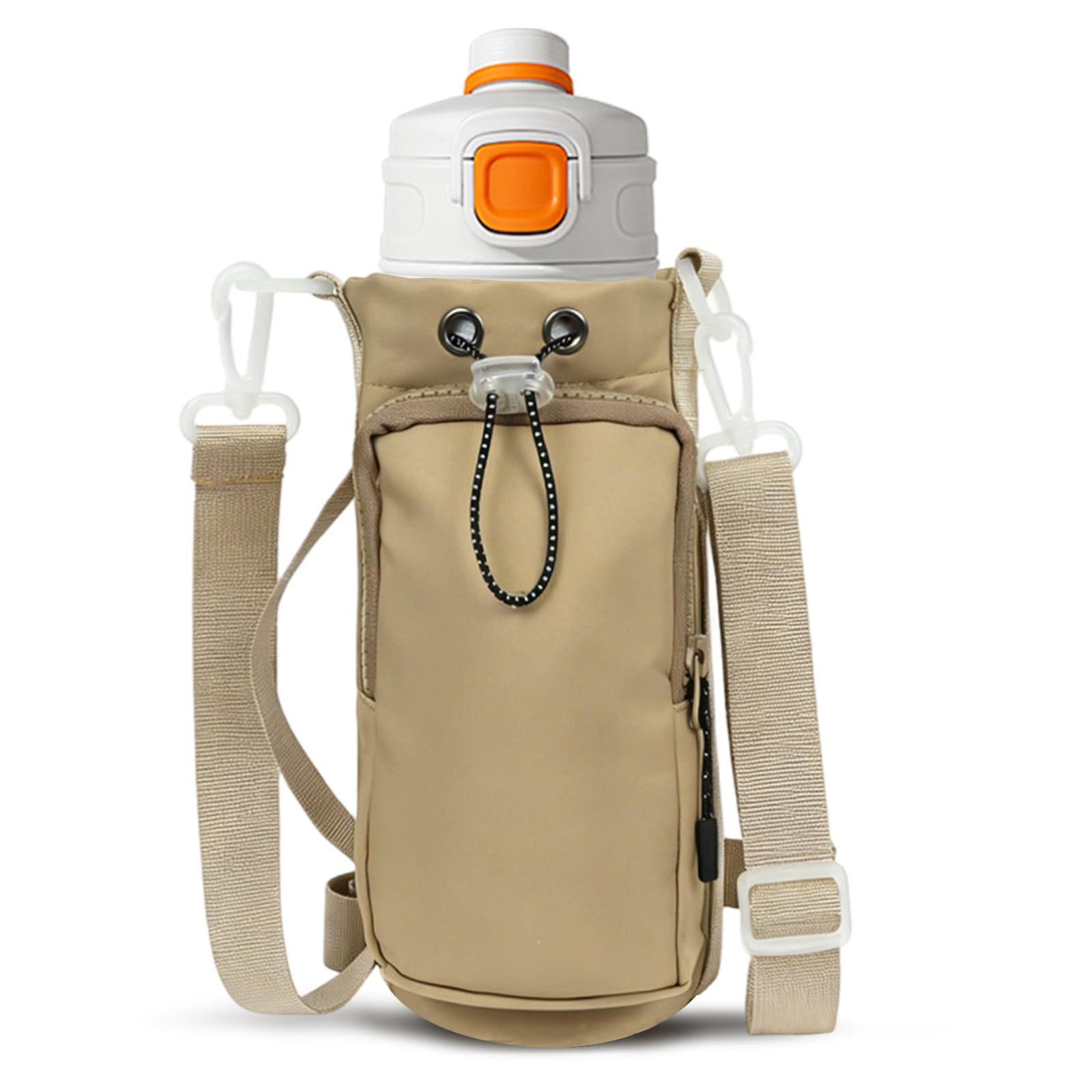Water Bottle Carrier Bag with Pocket for 30-35oz Tumbler, Waterproof Cloth Crossbody Shoulder Hand Bottle Sleeve Bag with Handle Removable Adjustable Strap Drawstring for Sports Walking (Khaki)