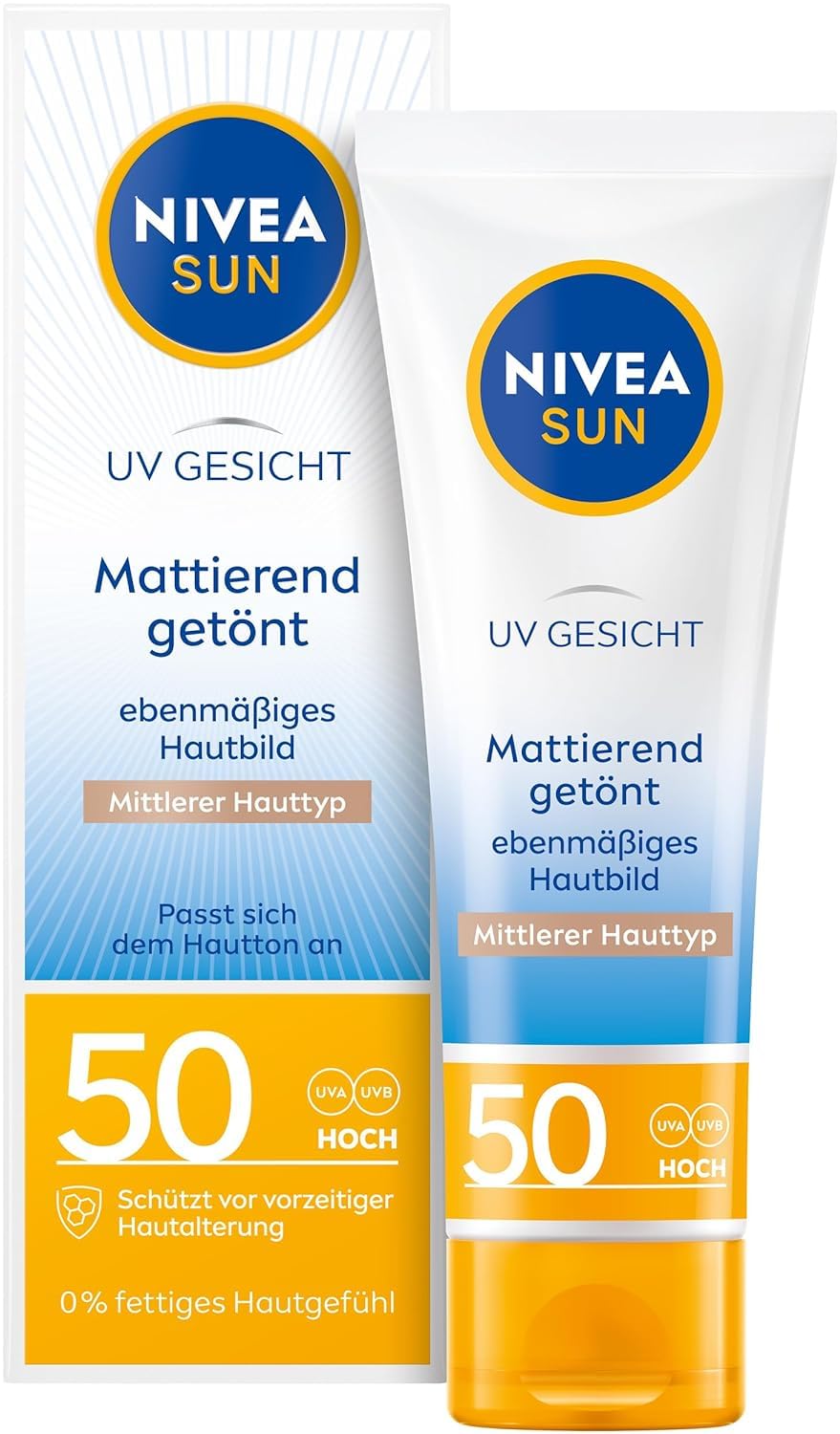 NIVEA SUN getönte Sonnencreme fürs Gesicht LSF 50, mattierende Gesichtssonnencreme, getönte Sonnencreme für mittleren Hauttypen, UV Gesicht Mattierender Getönter Sonnenschutz (50 ml)