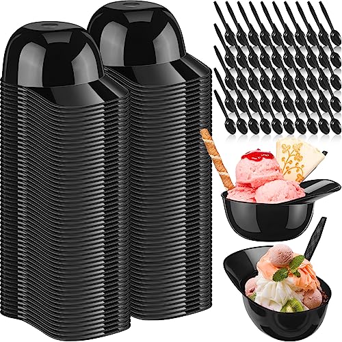 Tanlade - Tanlade 100 Set Baseball Helmet Bowl with Spoons 8 oz Mini Ice Cream Dessert Baseball Cap Bowls Plastic Helmet Chip Snack Cups for Party Supplies (Black)