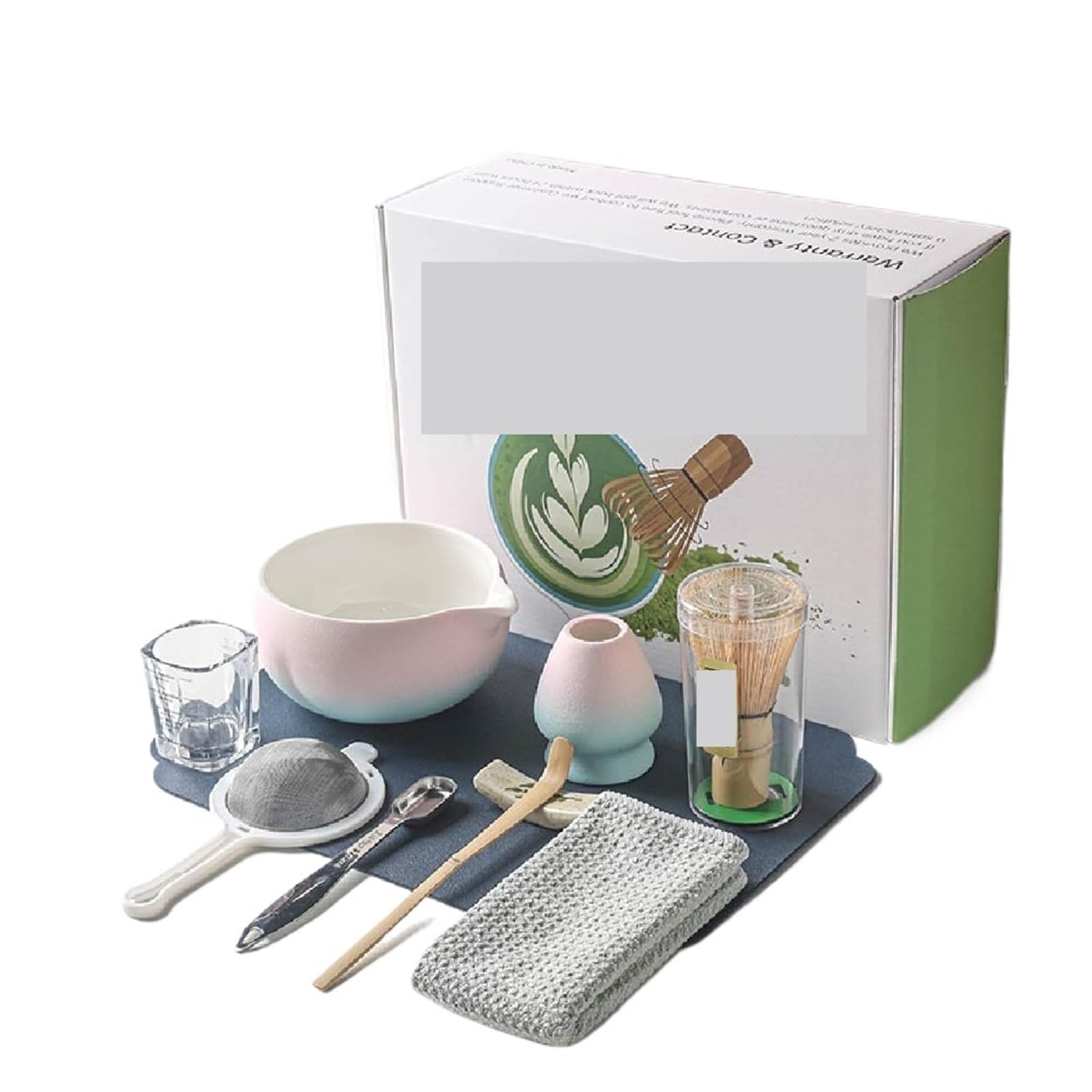 Juego de licuadora té matcha 9 o 10 piezas con cuenco cerámica, batidor, cuchara, soporte, colador y horno ceremonia Kit Te Matcha(Pink with blue 10pcs)