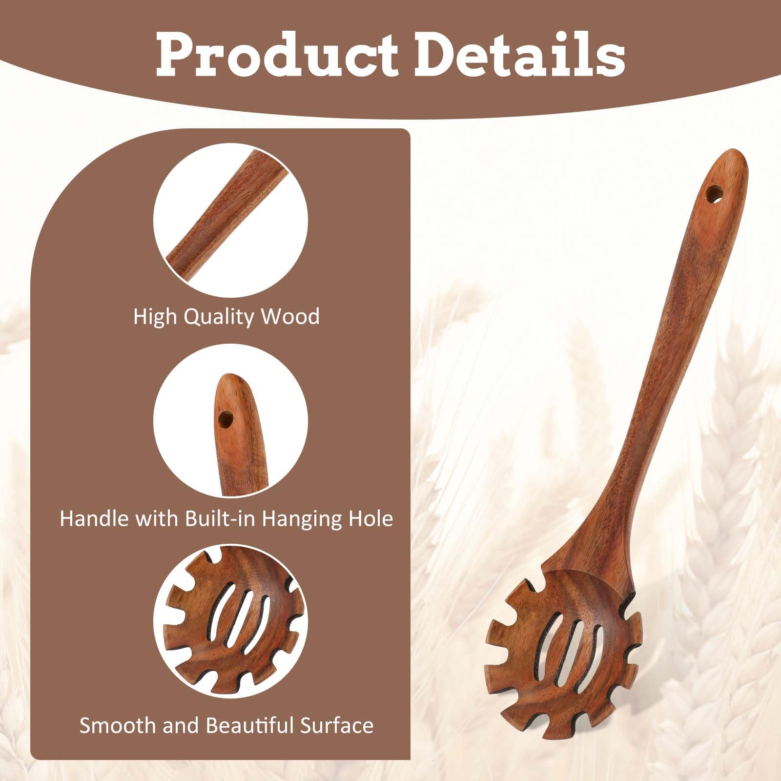 JJUNW Tenedor para pasta, tenedor de espagueti, cuchara de madera para pasta, juego de utensilios de cocina, cucharas de madera para cocinar pasta de mano larga, utensilios de madera de acacia para