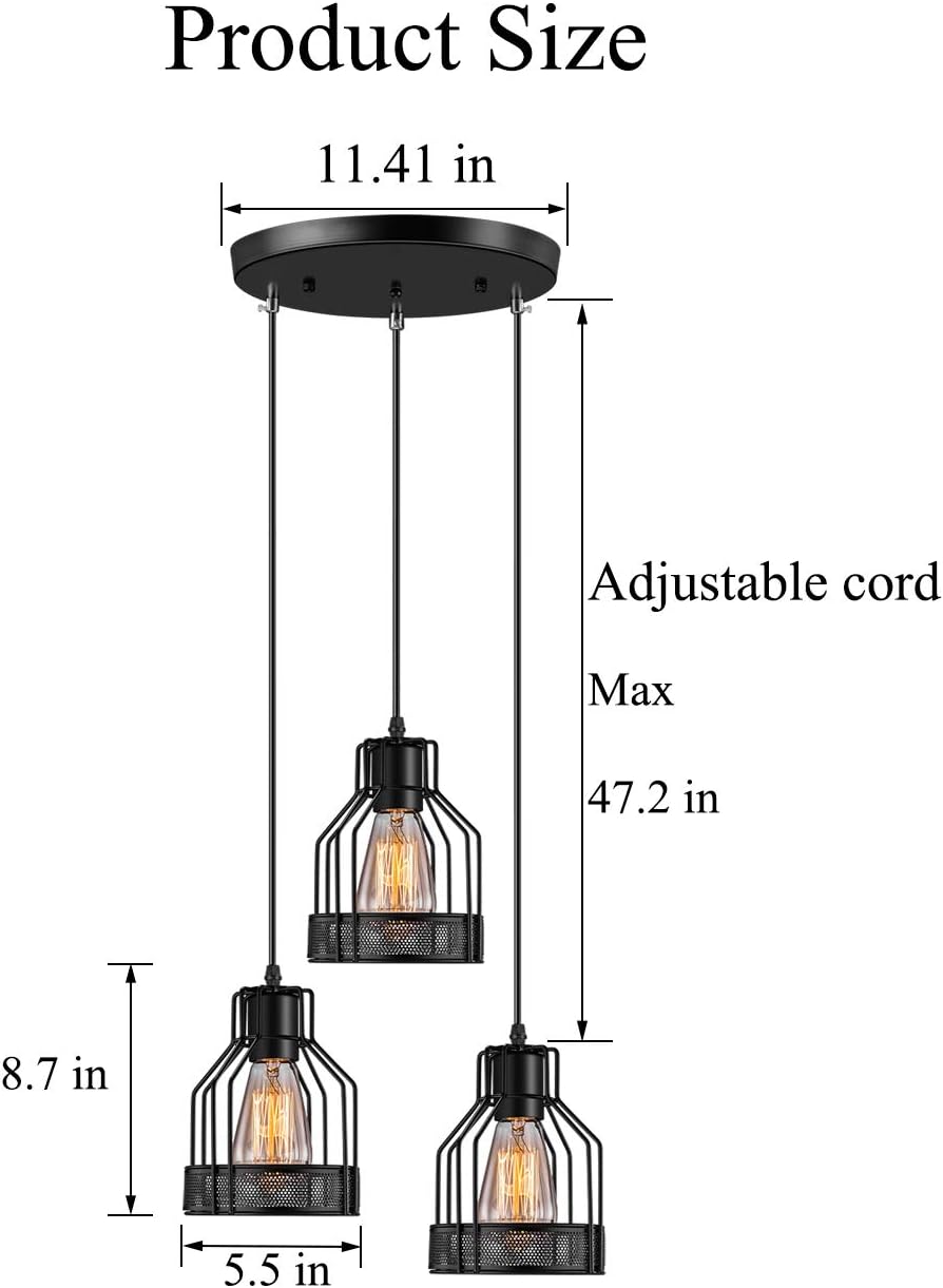 Licperron Pendant Light Fixtures 3-Light, Kitchen Light Fixtures, Edison Metal Caged Vintage Hanging Pendant Fixture for Kitchen Dining Room Bar Hotel, E26 Base