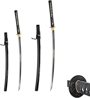 HMS Japanese Samurai Katana and Wakizashi Daisho Combo Set, Warrior and House Tsuba, Hand Forged Heat Tempered, 1045 Carbon Steel, Black Wooden Scabbard, Sharp, Battle Ready