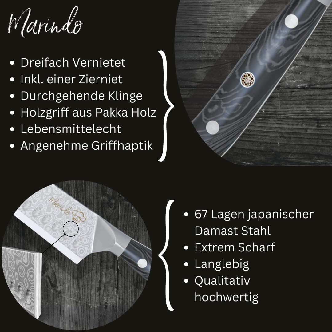 Marindo® Santoku Damastmesser aus Damaszener Stahl 17,8 cm Klinge | japanisches Damast Küchenmesser mit Kullenschliff & stabilem Holzgriff | Santoku Messer Damast mit Geschenkverpackung
