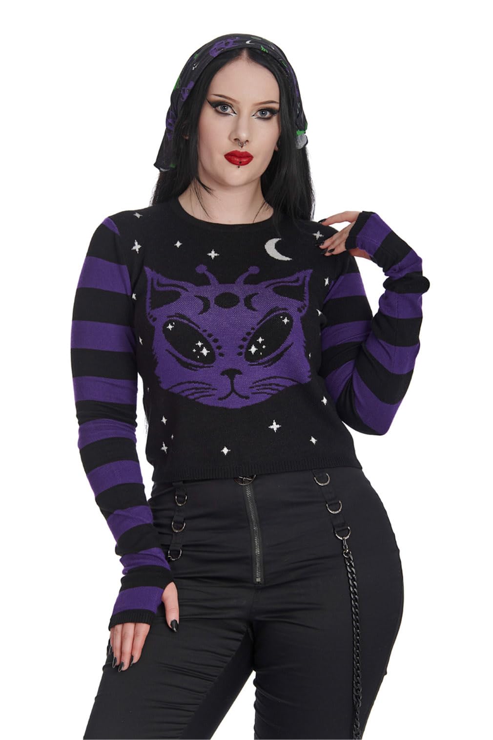 Banned Alternative Pullover Alien Space Cat Katze Astronaut Kitty Schwarz Lila