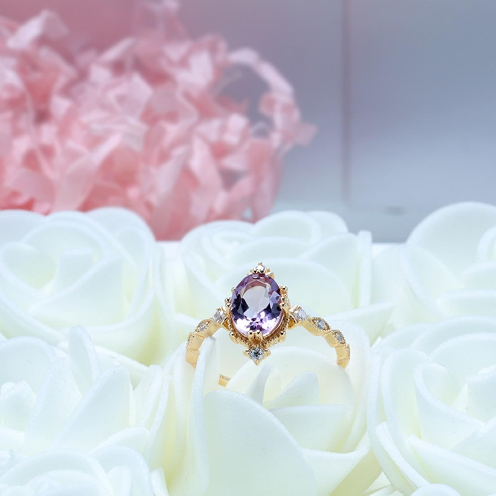 Alianzas de boda 9 K/14 K/18 K oro rosa con amatista púrpura ovalada, clásicas