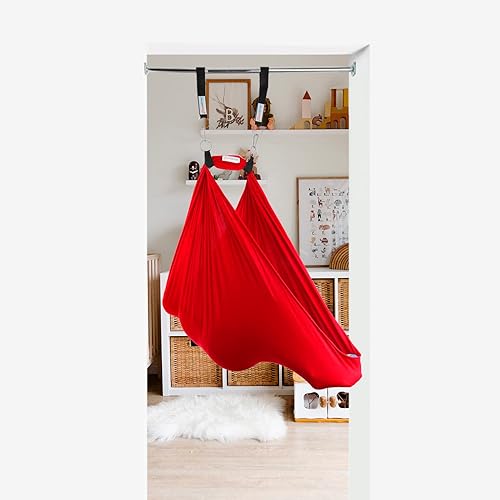 Miniatura 3 de DreamGYM Doorway Sensory Swing Kit - Columpio de compresión rojo y barra de trapecio con anillos de gimnasio azules