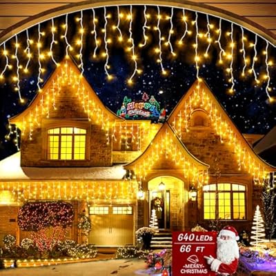 Icicle Christmas Lights Outdoor, 66ft 640 LED Icicle Lights for Outside, Plug in Twinkle Lights Indoor with 8 Modes Timer Waterproof for House Holiday Decor Wedding Christmas Decorations (Warm White)