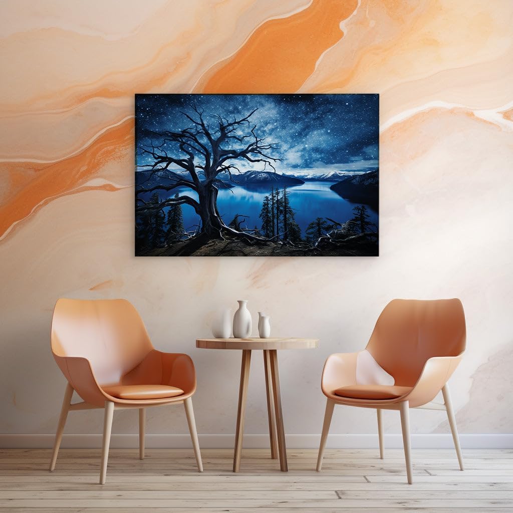 Canvas for Living room. Whispers of Nightfall: An Enigmatic Tree's Silhouette Against a Starlit Mountain Backdrop, 27 x 18 inch Canvas Wall Art - Contemporary Masterpieces - Modern Home Decor