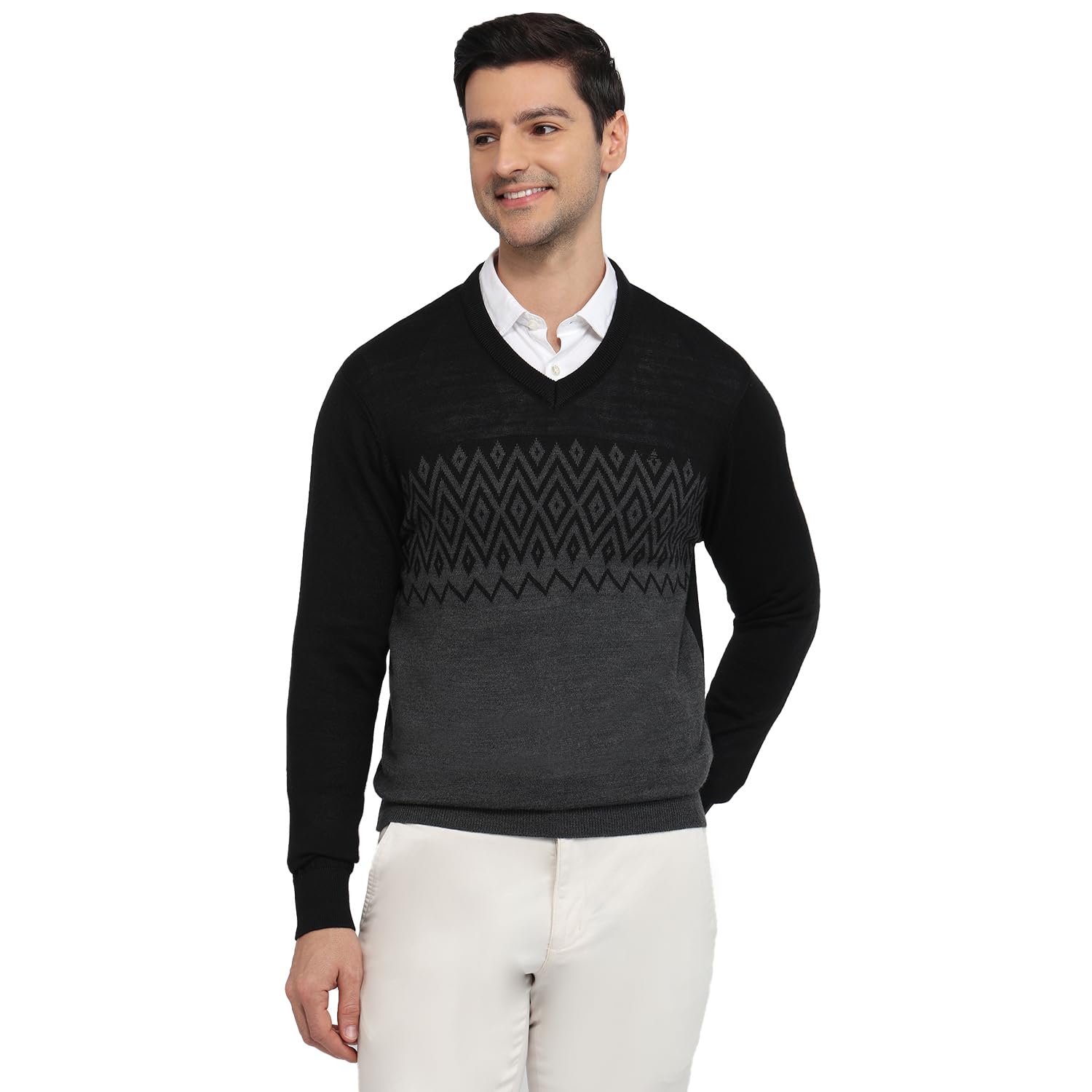 colorplus Men Regular Fit Jacquard Pattern Acrylic Wool Blend Full Sleeve V Neck Casual Sweater Black-picture-47