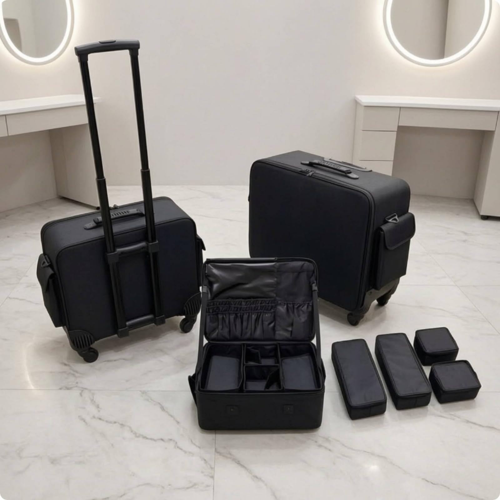 TISHITA Waterproof Makeup Case Kosmetikkoffer Trolley Schminkkoffer Visagistenkoffer mit Wasserdichter Oxford Oberfläche Zweilagigem Fachsystem Und Rollstange für Friseur Salon Reise Profi Einsatz