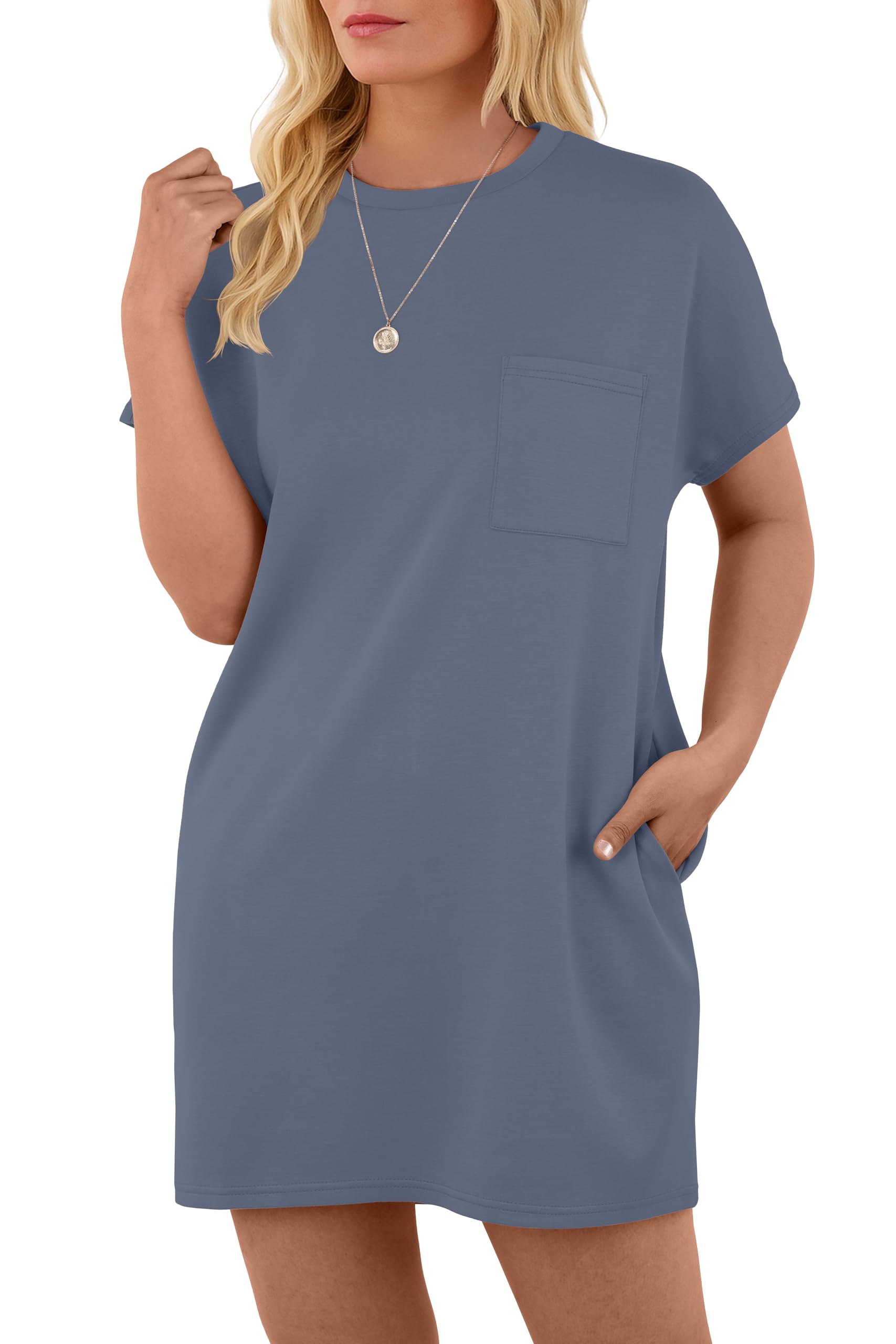 GRECERELLE Women's 2025 Casual Summer Shirt Dress Loose Round Neck Mini Wrinkle-Free Sundress with Pocket