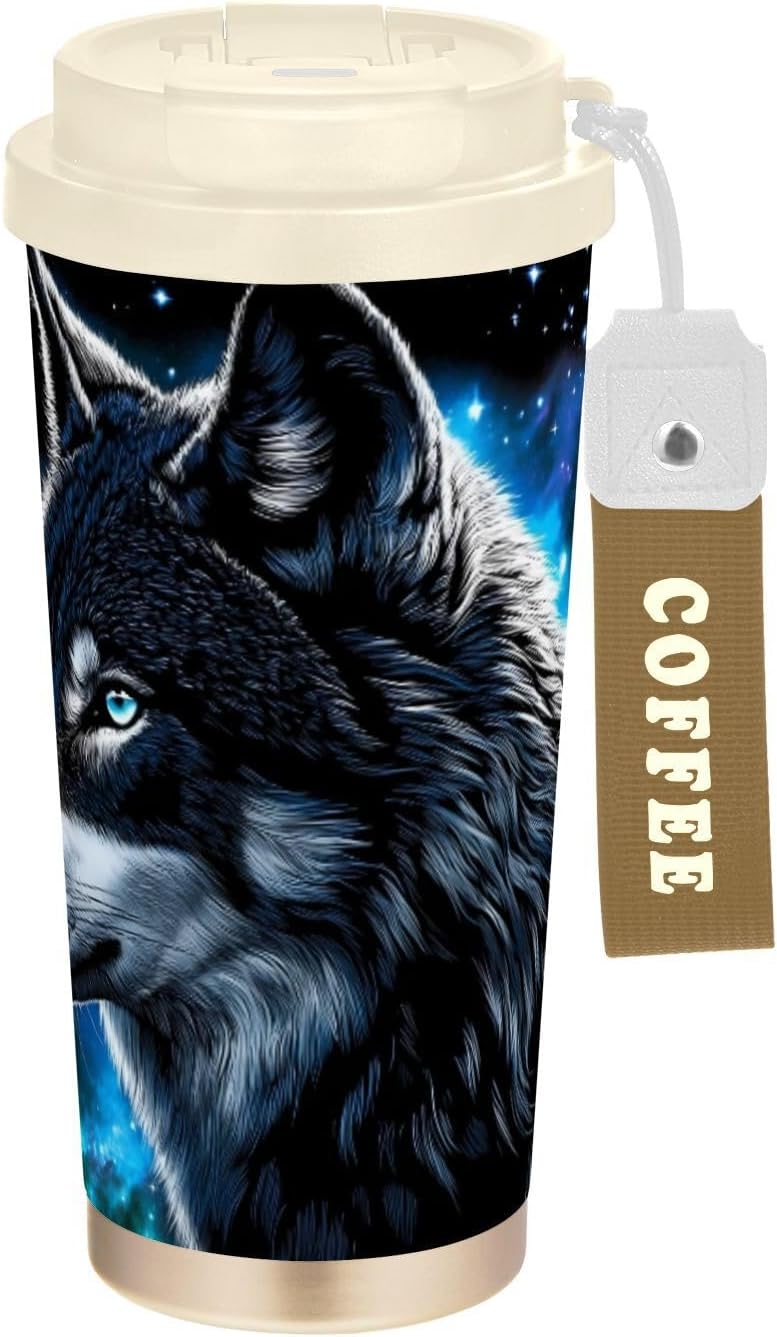Insulated Coffee Mug Wolf Fantasy Art with Straw & Flip Lid, 16.9oz Iced Tumbler Cup, Double Wall Vacuum Mug for Travel Office Camping