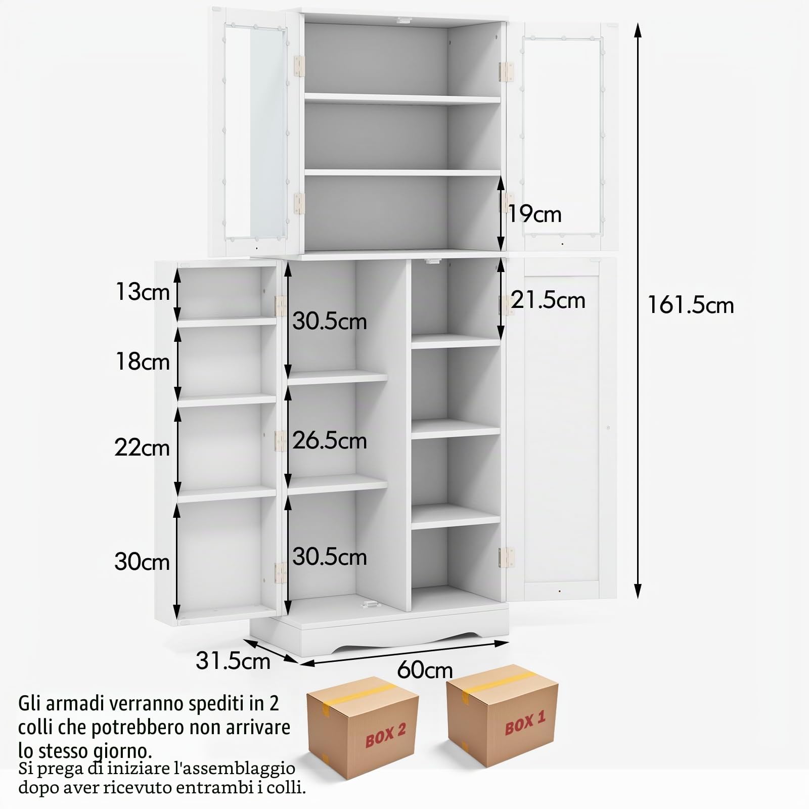 KOMFOTTEU Credenza da Cucina con Anta Multi-Stoccaggio, Mobile Cucina Dispensa con Dispositivo Antiribaltamento, Armadio di Stoccaggio, 60 x 31,5 x 161,5 cm, per Soggiorno, Sala da Pranzo (Bianco)