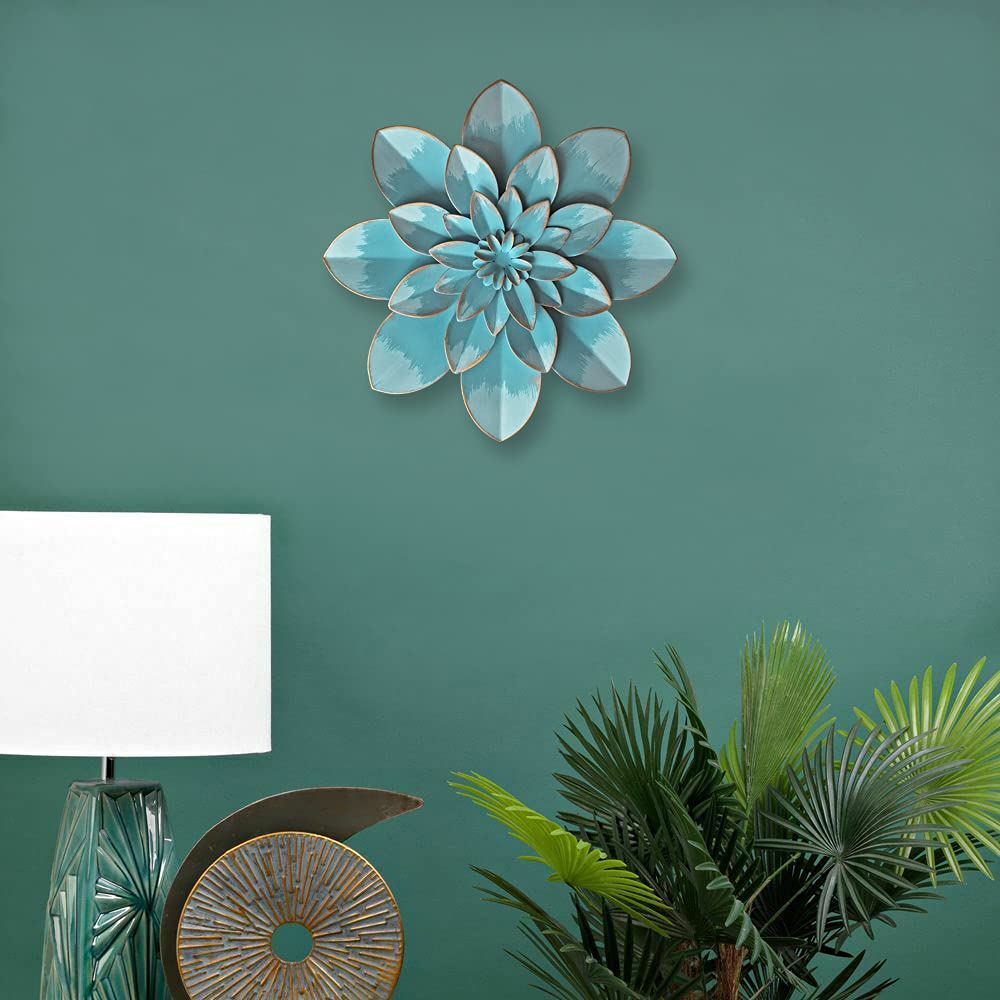 Decorazione Da Parete In Metallo Blu - Fiore 3D Stratificato, 24x24 Cm, Rustico E Moderno, Per Soggiorno, Camera E Giardino - 3
