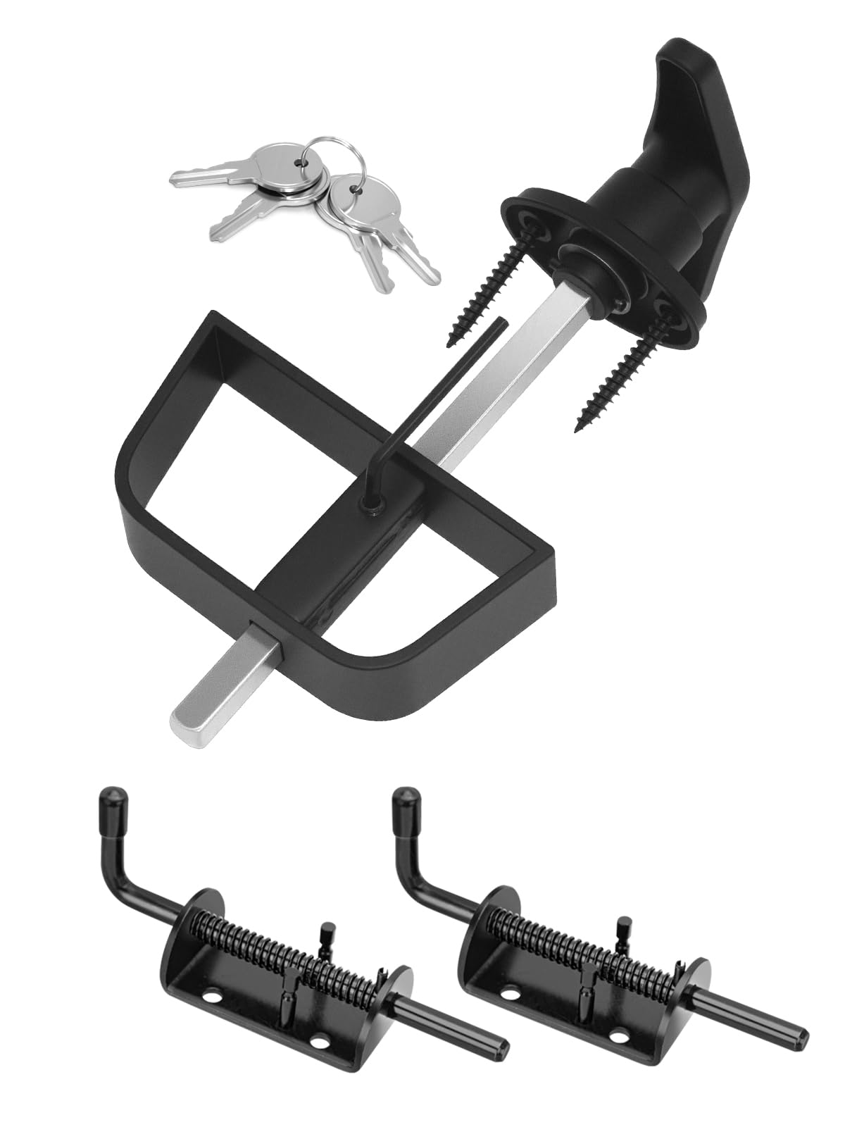 Quality Life Shed Door T-Handle Lock Latch Kit with 4 Keys, Shed Barn Coop Storage Door T-Lock Set, Adjustable 4-3/4" Stem, with Spring Loaded Gate Pin Bolt Latch - 1 Lock+2 Latch