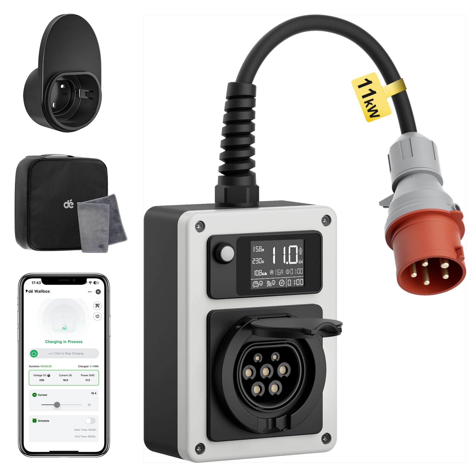 Borne Recharge Véhicule Électrique Dé 11kW | Wallbox Mobile Avec RFID & Adaptateurs - Type 2