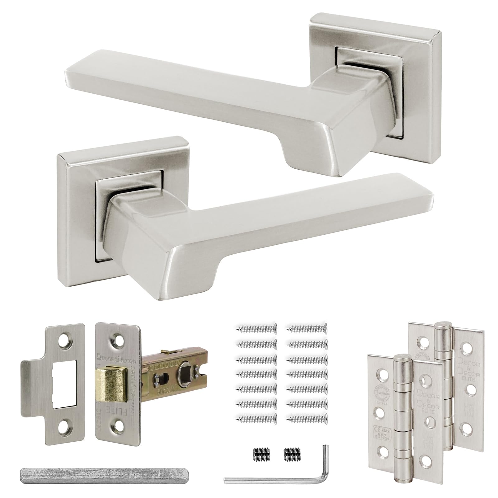 Decoranddecor Spectra Silver Internal Door Handles – Aluminium Handle Sets with Fire-Rated Tubular Mortice Latch and Hinge – Sleek and Durable Design for Wooden Interior Doors in Homes and Offices
