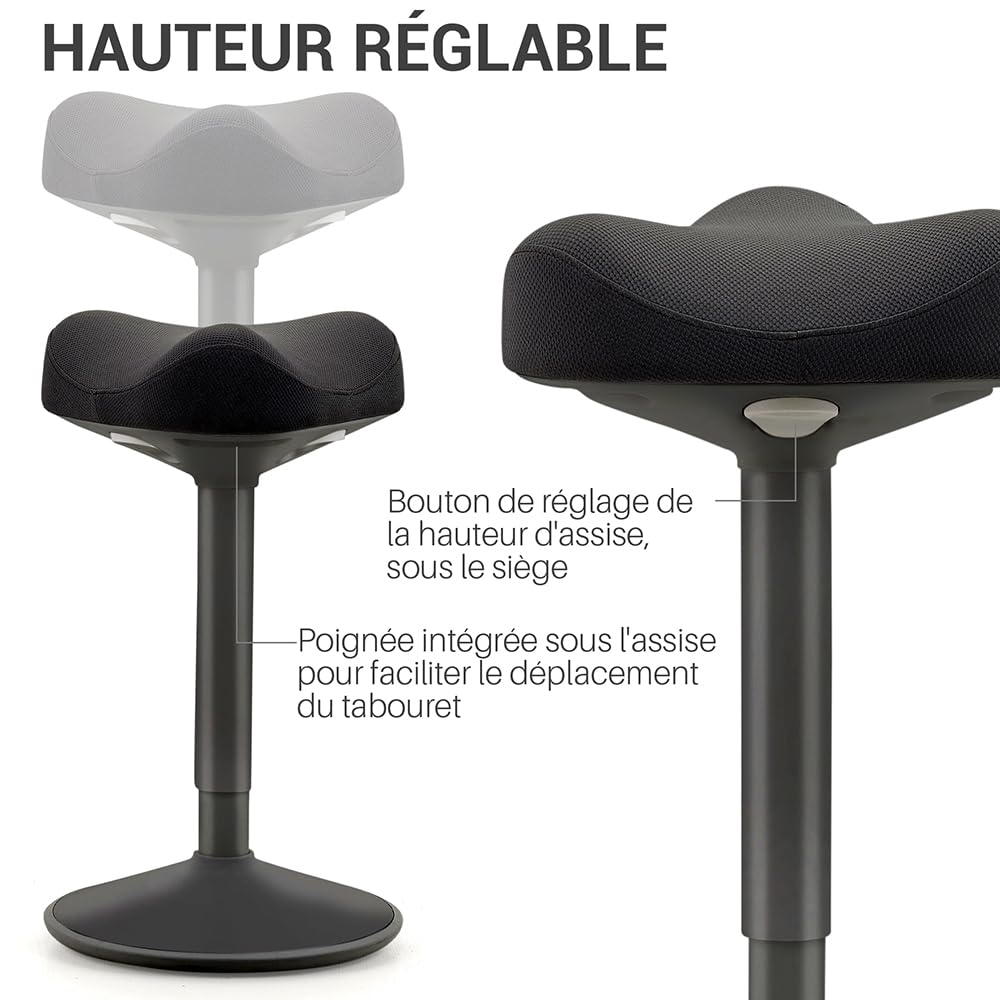 Tabouret Ergonomique à Bascule, Hauteur Réglable, Assise Confort Matelassée Forme Selle, Base Bombée Antidérapante, Noir