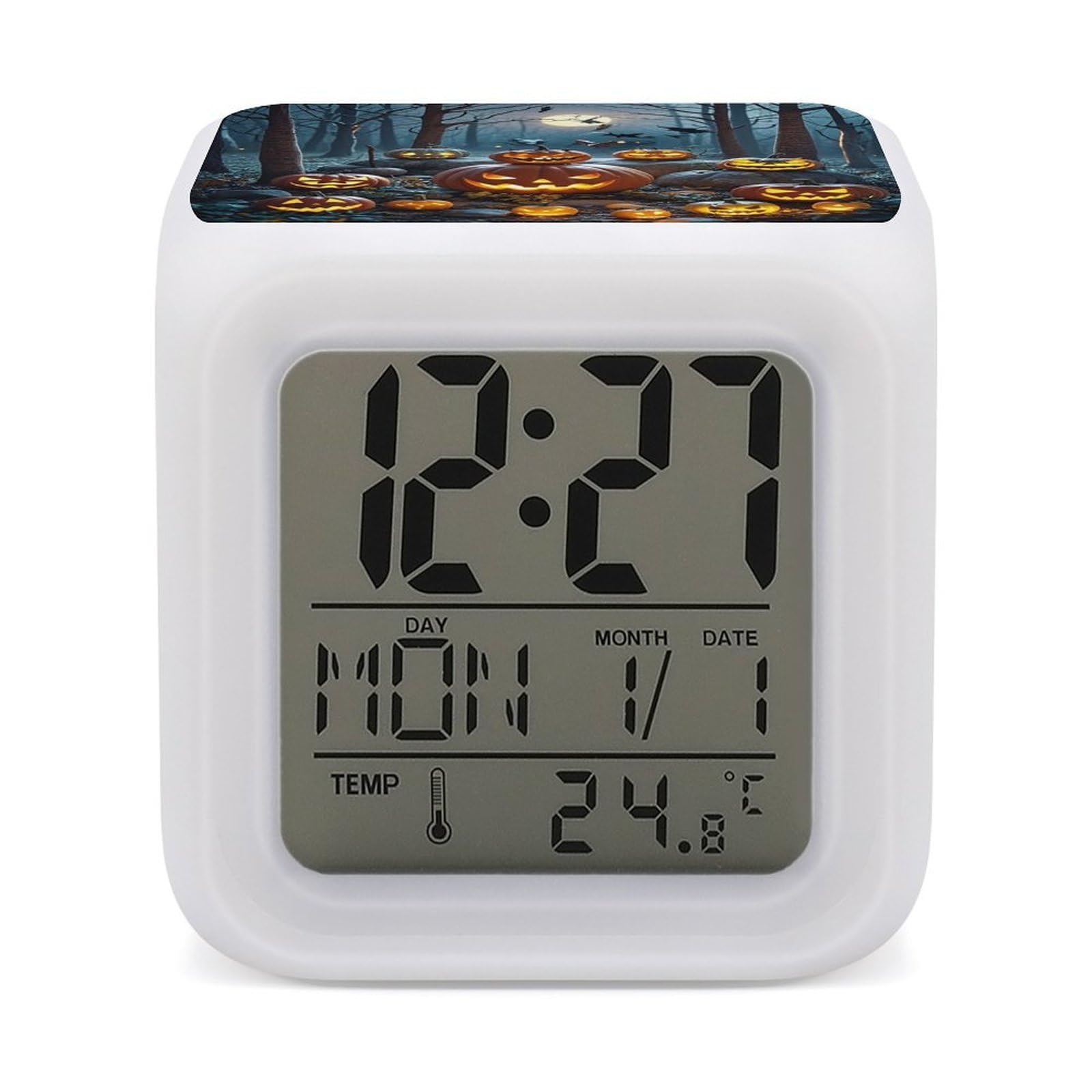 LZQPOEAS Terrifying Pumpkin in The Forest Alarm Clock Desk Clock with 7 Color Changing Night Light Digital Clocks with Temperature Display Sleep Training and Sound Machine for Heavy Sleeper