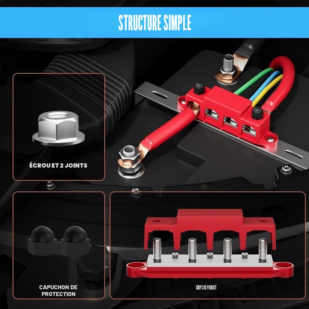 Barre de distribution Ruioomeep, 2 barres de distribution, 12 V - 48 V CC, 250 A, avec 4 boulons de serrage M8, module haute performance, bloc de distribution d'énergie, bloc de mise à la terre avec