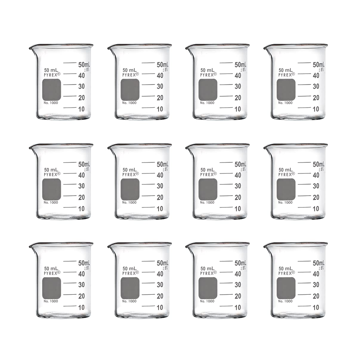 PYREX Griffin Borosilicate Glass Beaker - Low Form Graduated Measuring Beaker with Spout– Premium Scientific Glassware for Laboratories, Classrooms or Home Use- PYREX Chemistry Glassware, 50mL, 12 P/k