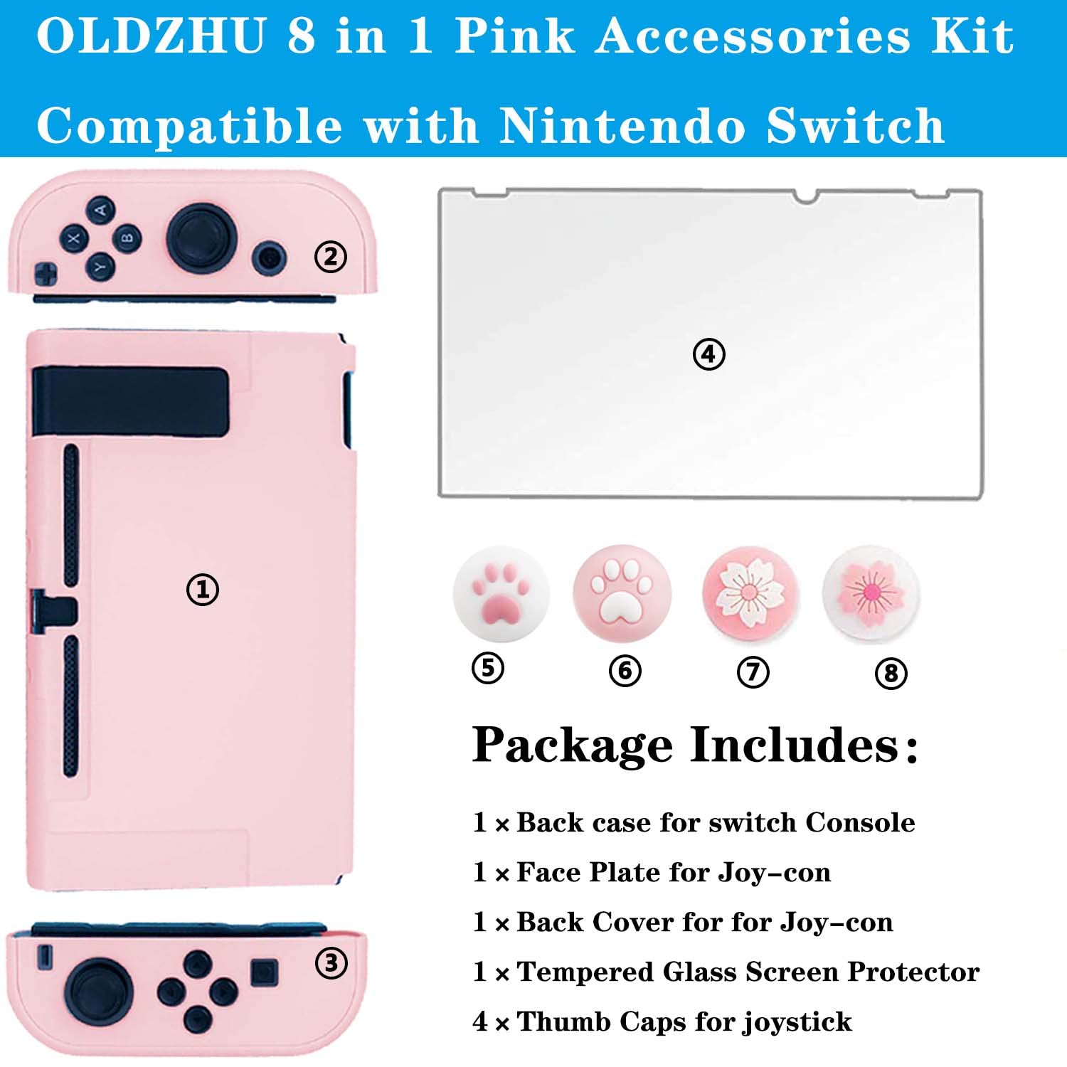 OLDZHU - Funda protectora para Nintendo Switch Joy-Con, incluye protector de pantalla de cristal y 4 agarraderas para el pulgar, absorción de golpes y antiarañazos