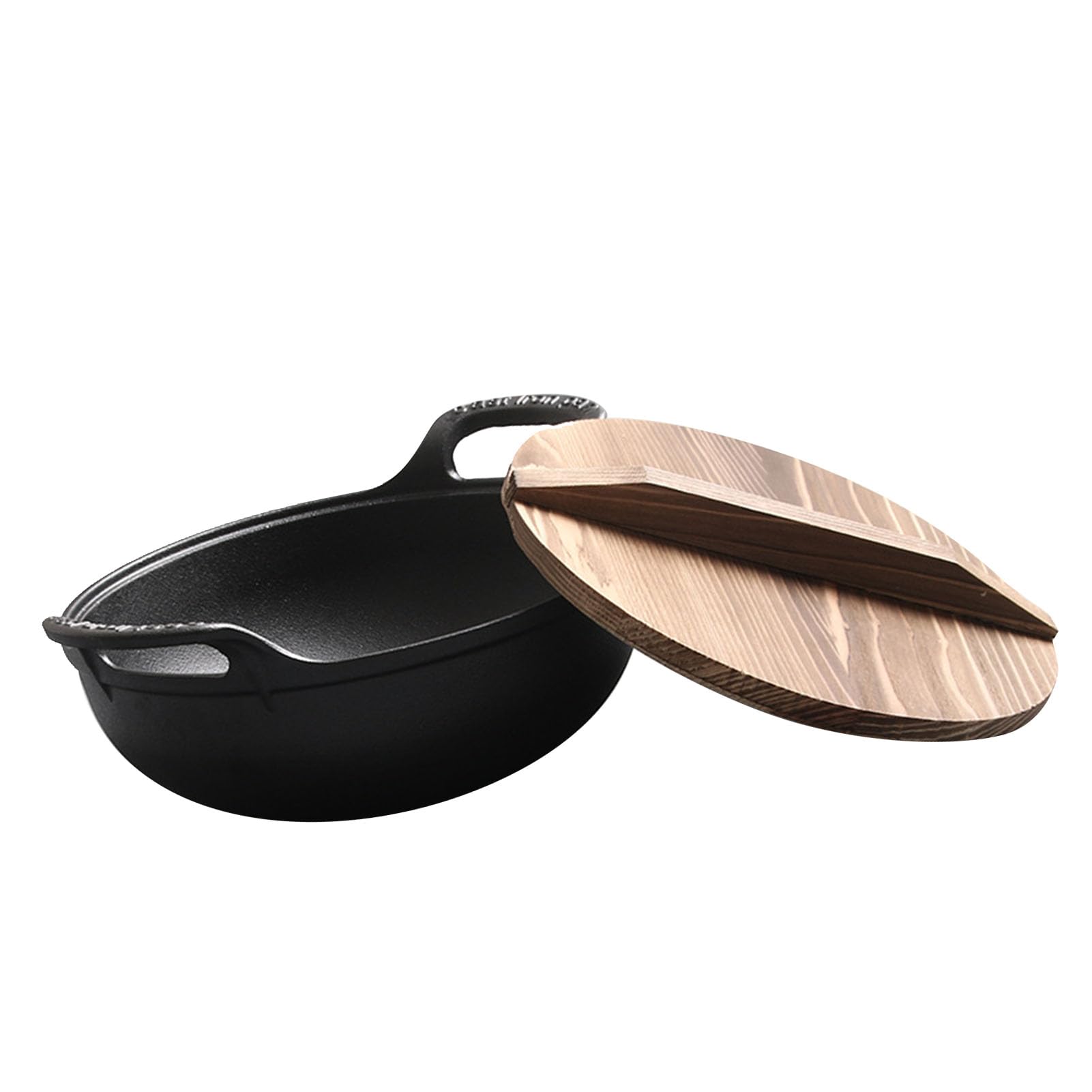 POENVFPO Pentola in Ghisa con Coperchio in Legno, 27 Cm (BLACK)
