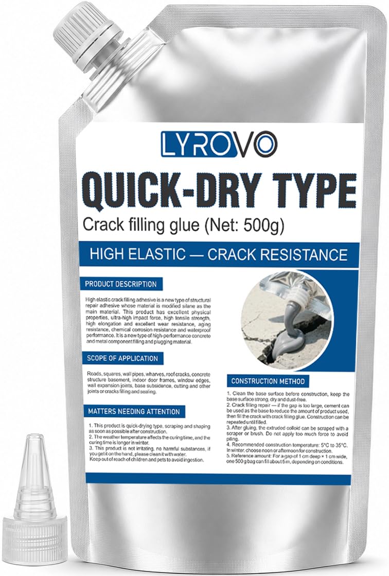 LYROVO Quick-Dry Crack Filling Sealant 500g, Modified Silane Waterproof Concrete Crack Repair Glue for Walls, Roofs, Driveways, Tile & Expansion Joints (1, Grey, 500g)-image-23