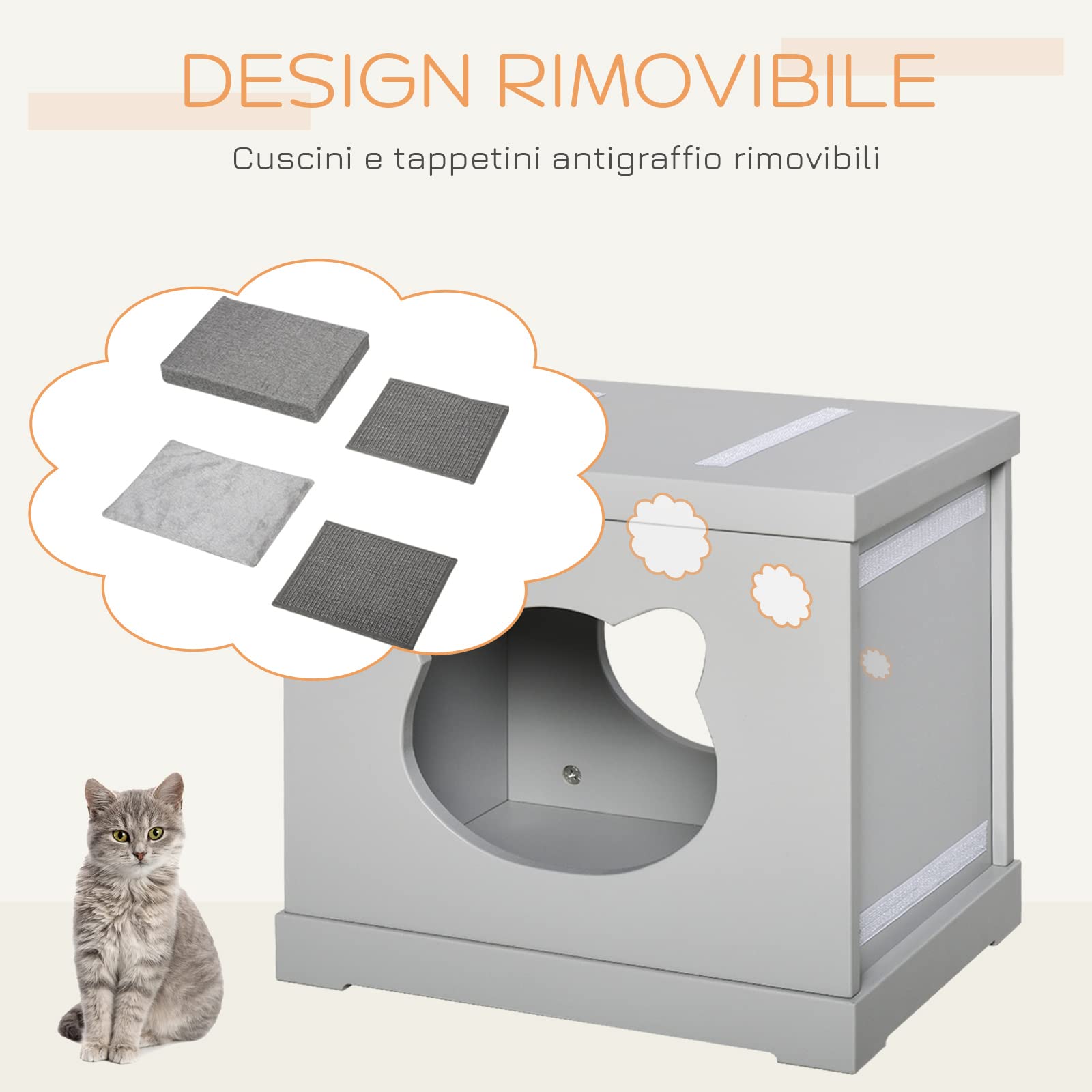 PawHut Cuccia Casetta per Gatti in Legno con 2 Cuscini e Tiragraffi Rimovibili, Grigio, 41x30x36cm