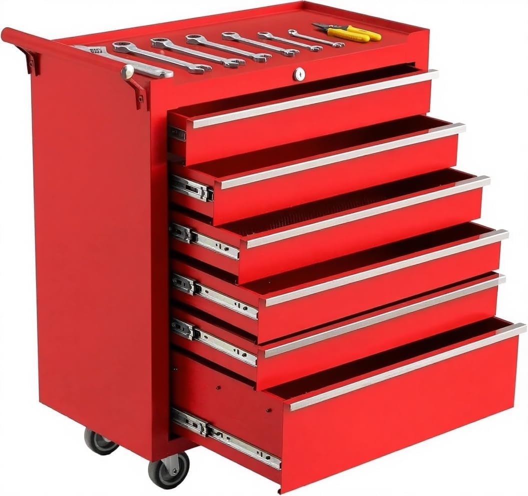 PrecisionAuto 6-Drawer Rolling Tool Chest, with Wheels and Lock, Portable Storage Organizer, Secure Toolbox with Key System, Mobile Cabinet for Workshop, Repair Shop, Warehouse, Black