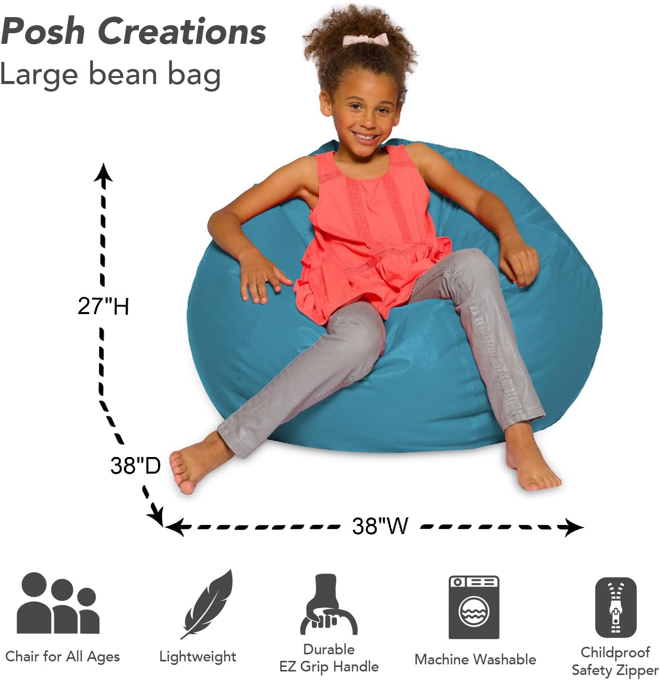 Posh Creations Bean Bag Chair for Kids, Teens, and Adults Includes Removable and Machine Washable Cover, Heather Teal, 38in - Large