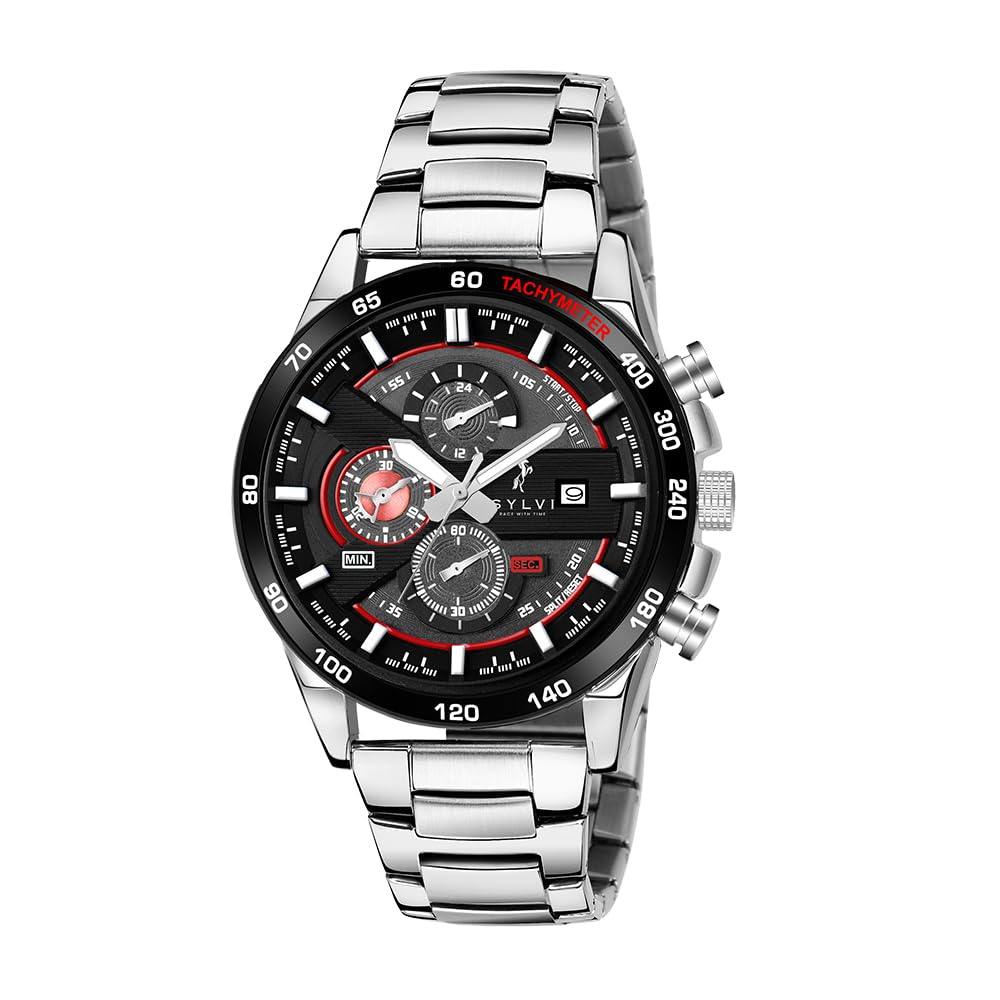 Sylvi Timegrapher Black Silver Case Silver Stainless Steel Strap Analog Watch for Men with Calendar Stop Watch Time Display (B08XBN9B2X) Amazon Price History, Amazon Price Tracker
