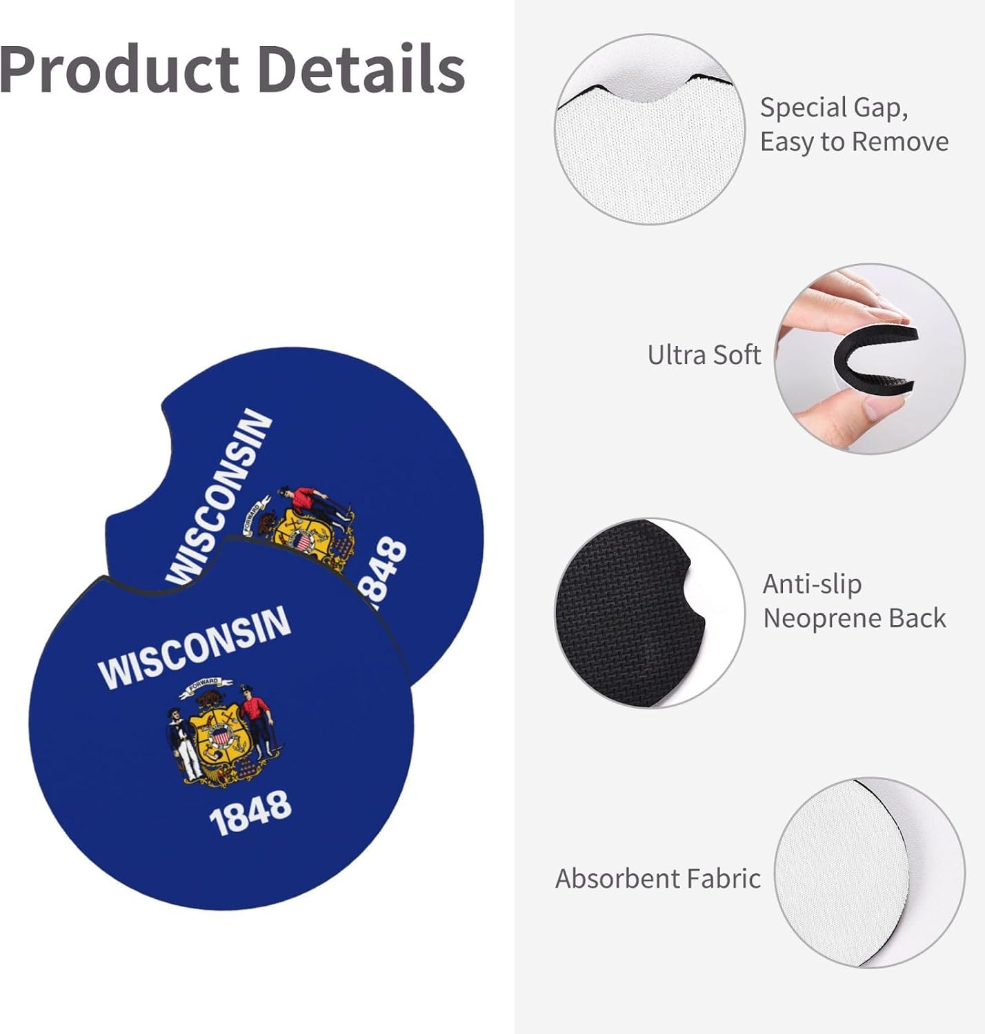 Wisconsin State Flag Car Interior Coasters, 2.7 Inch Diameter Car Drink Absorbent Coasters 2 Pack, Auto Accessories, Cars, Trucks, SUVs