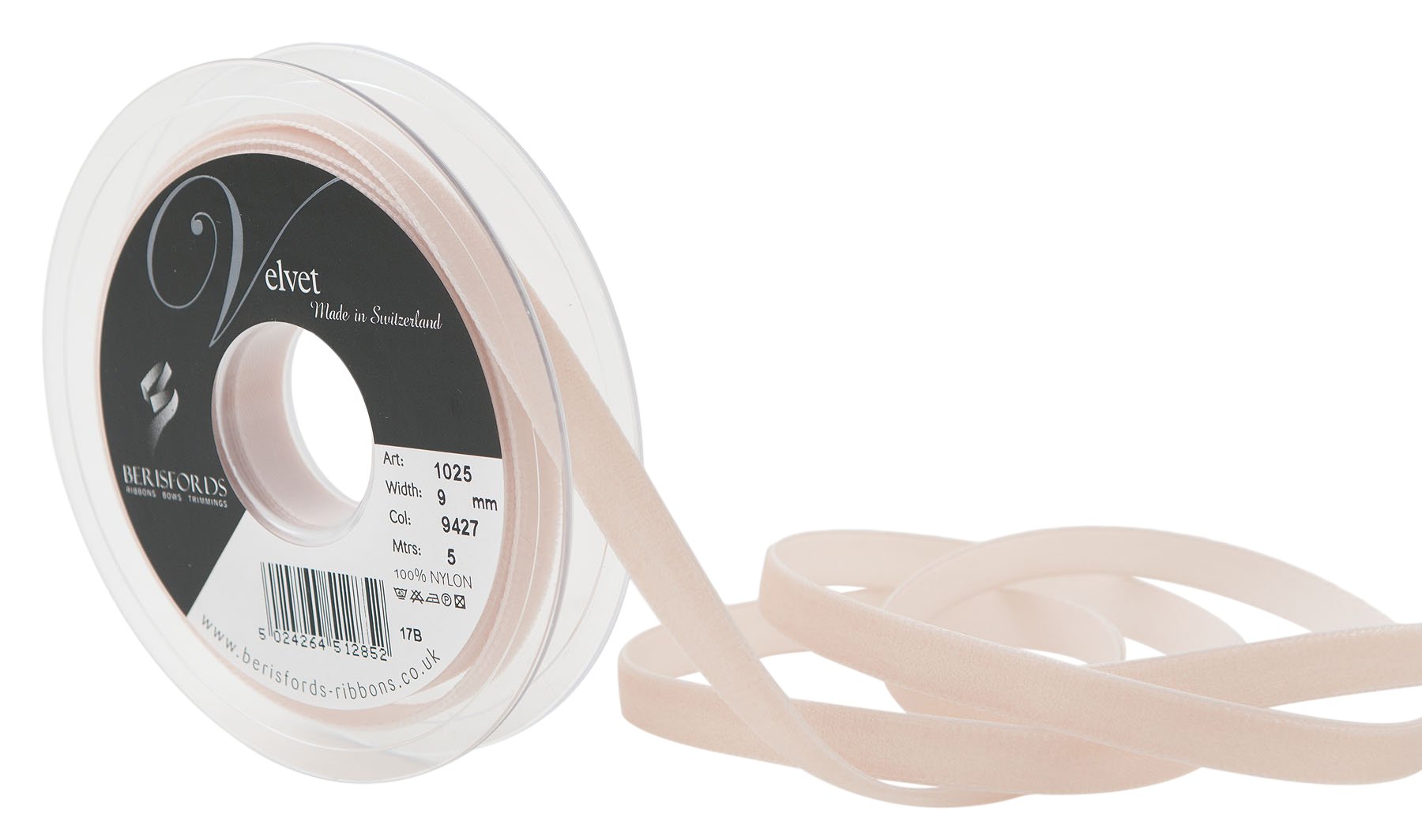 Berisfords Velvet Ribbon, Beige, 10.2 x 1.5 x 10.2 cm