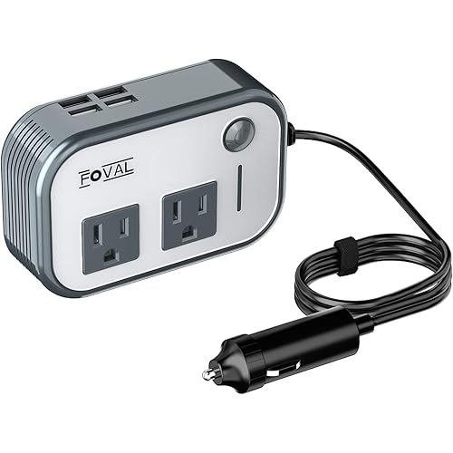 200W Car Power Inverter, FOVAL 12V DC to 110V AC Car Inverte with 4 USB Ports Car Outlet Adapter, Power Inverter for Vehicles, Car Plug Adapter Outlet for Laptop Computer Charger (Gray)