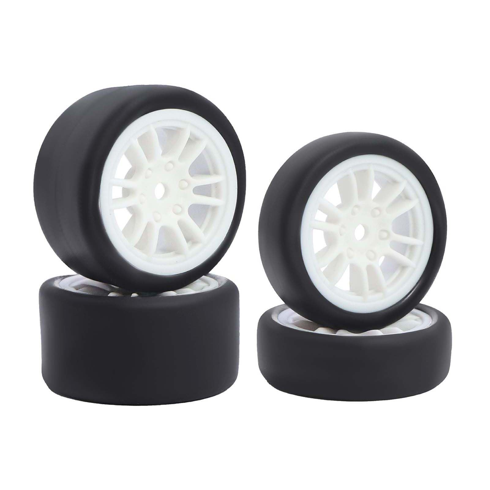 LAFEINA 4PCS Pre-Glued Rubber Slick Tires and Wheels Set for 1/24 Losi Micro-B Parts (12-Spoke, White)