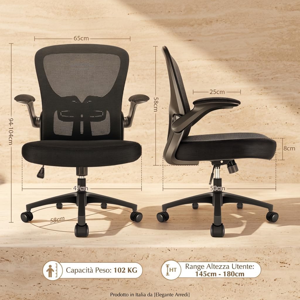 Sedia Ufficio Ergonomica, Sedia da Scrivania e PC Girevole con Supporto Lombare Regolabile, Schienale in Rete, Braccioli Ribaltabili, Altezza Regolabile, Basculante, Nero
