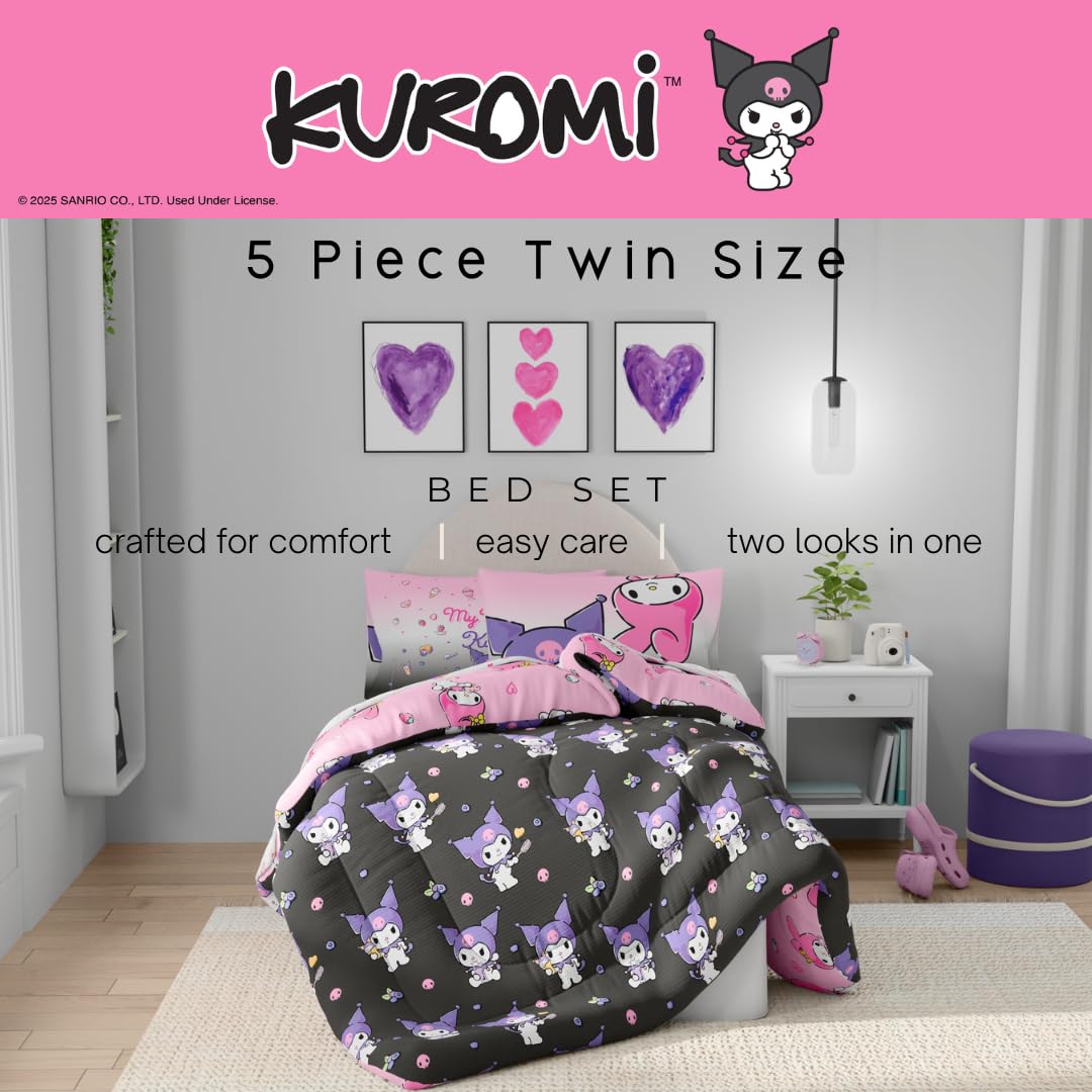 Franco Sanrio Kuromi & My Melody Bedding - Set di biancheria da letto, 5 pezzi, super morbido, accogliente, reversibile, con copripiumino e lenzuola, con federe, per letto matrimoniale (prodotto con