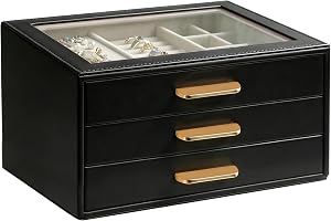 Homeanda Jewelry Boxes Organizer with Glass Lid, 3-Layer PU Leather, Black