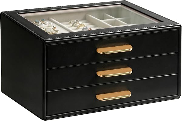 Homeanda Jewelry Boxes Organizer with Glass Lid, 3-Layer PU Leather, Black