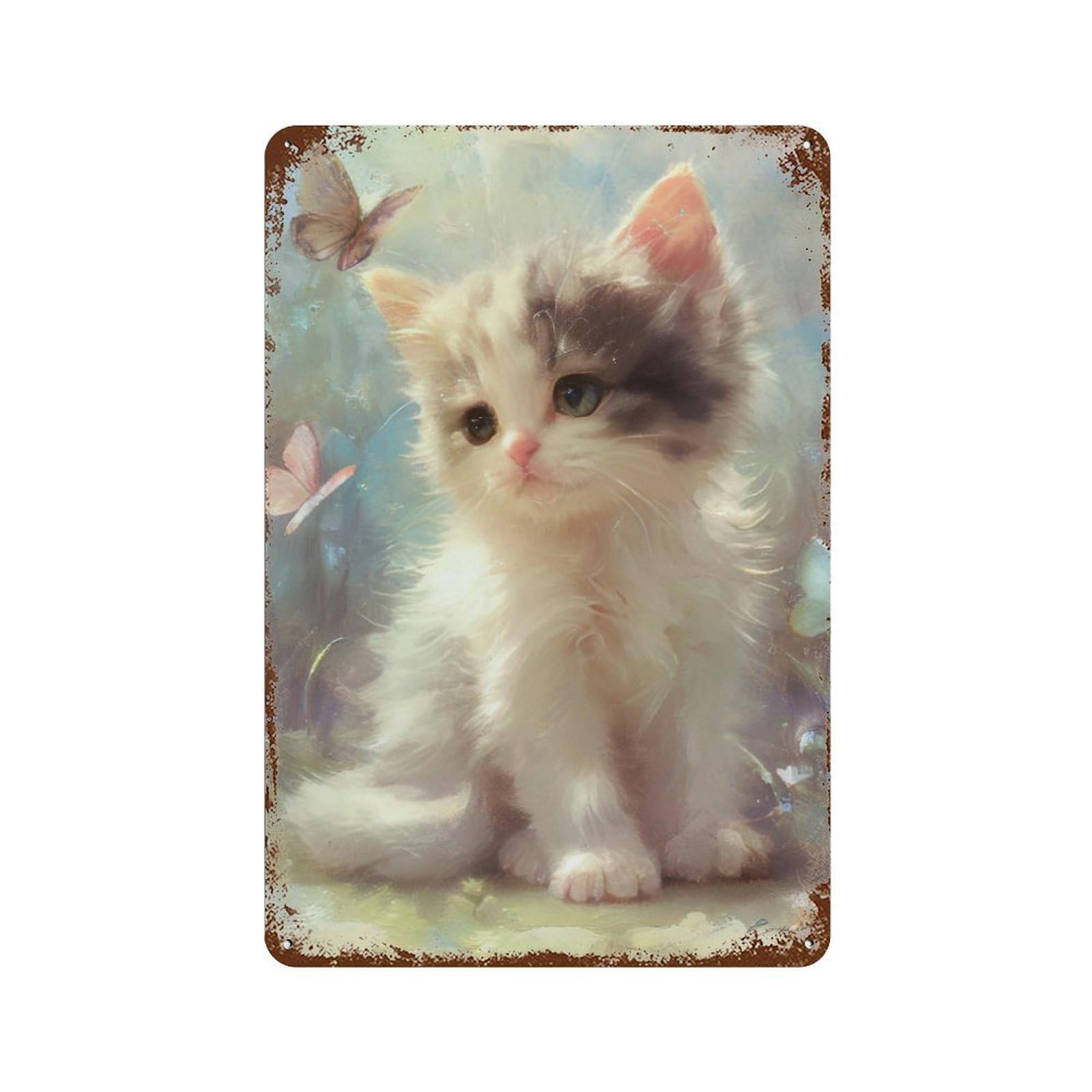 Garage Style Fluffy Kitten with Butterflies Rust Effect Tin Sign 11.8"x7.9", Classic Wall Plaque for Bar And Workshop